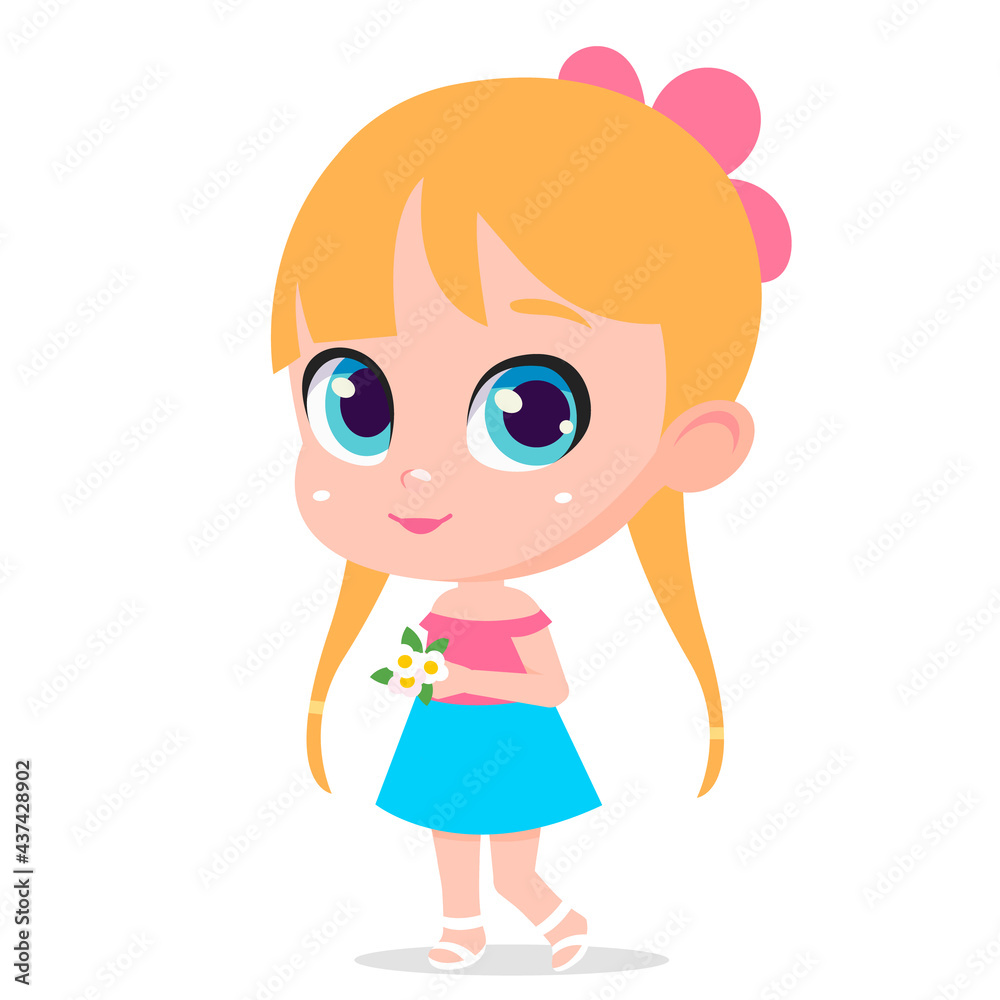 little fun romantic girl with bouquet chamomile flowers. Pretty Kid in summer clothes blue skirt, pink blouse and sandals. Cute Vector character cartoon illustration child isolated on white background