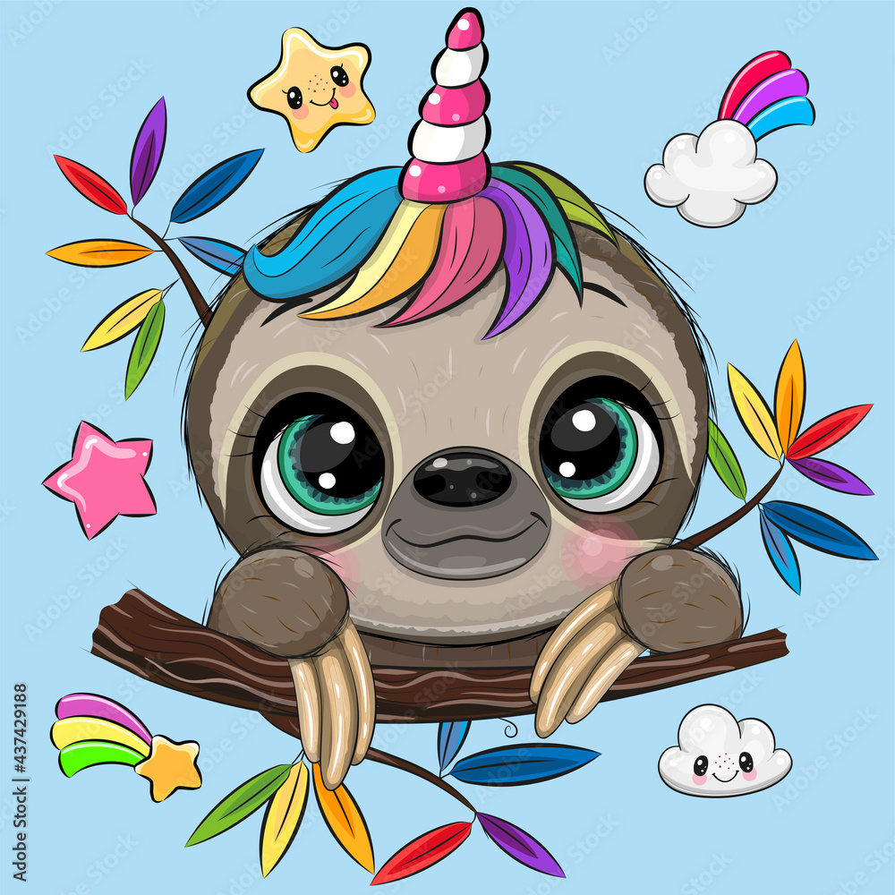 Fototapeta premium Cartoon Sloth with Unicorn Horn a blue background