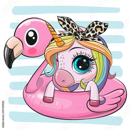 Unicorn swimming on pool ring inflatable flamingo