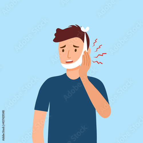 Young man having painful toothache in flat design. Dental caries.