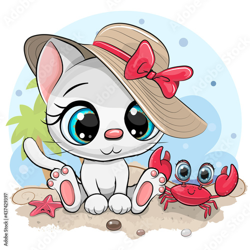 White Kitty in a hat and cute crab on the beach