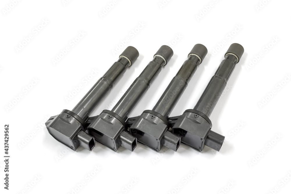 Ignition coil of car engine on white background, isolated, Car maintenance service.