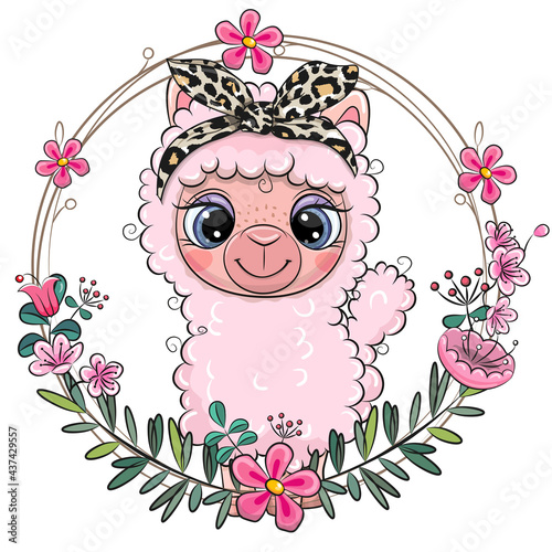 Cartoon Alpaca with a floral wreath