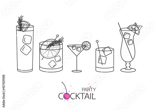 Set of classic alcohol cocktails. Cocktail glasses minimal vector thin line illustration.