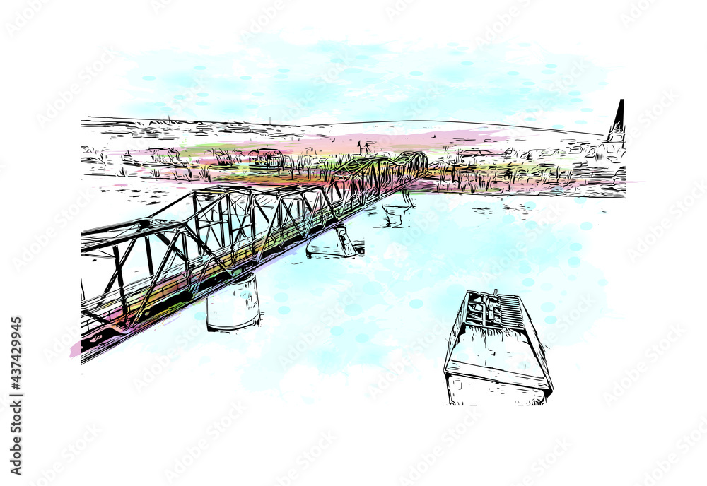 Building view with landmark of Fredericton is the
city in Canada. Watercolor splash with hand drawn sketch illustration in vector.