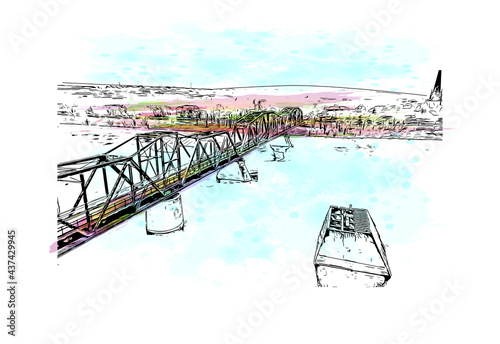Building view with landmark of Fredericton is the 
city in Canada. Watercolor splash with hand drawn sketch illustration in vector.