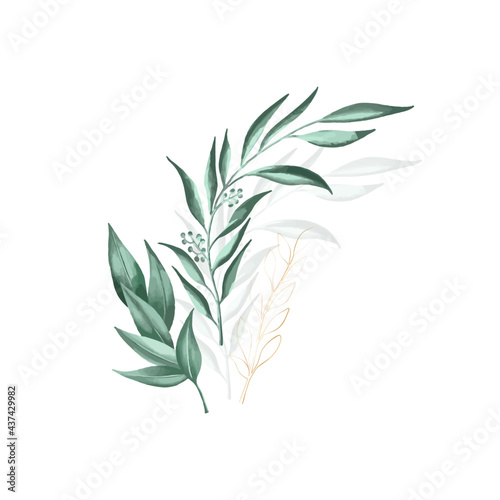 Set of botanic and wild leaves in watercolor painting.