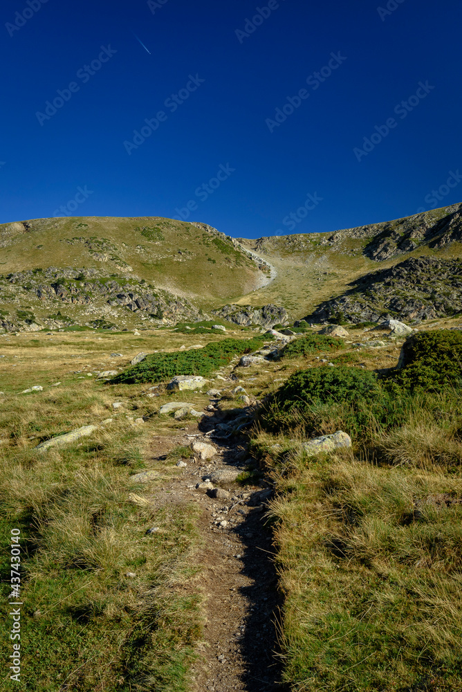 Fototapeta premium Path between the Estanys de la Pera refuge and the Collet de Sant Vicenç (Cerdanya, Catalonia, Spain, Pyrenees)