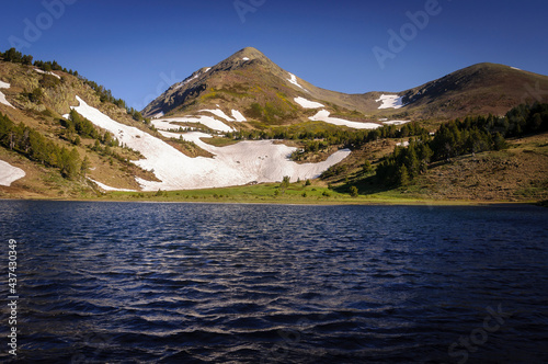 Pic Peric twin peaks seen from the Estany de la Llosa lake (Pyrenees-Orientales, France) photo