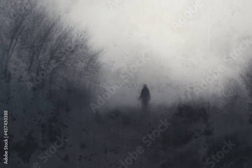 A blurred, mysterious figure with glowing eyes, standing next to a forest. With an artistic, abstract edit. photo