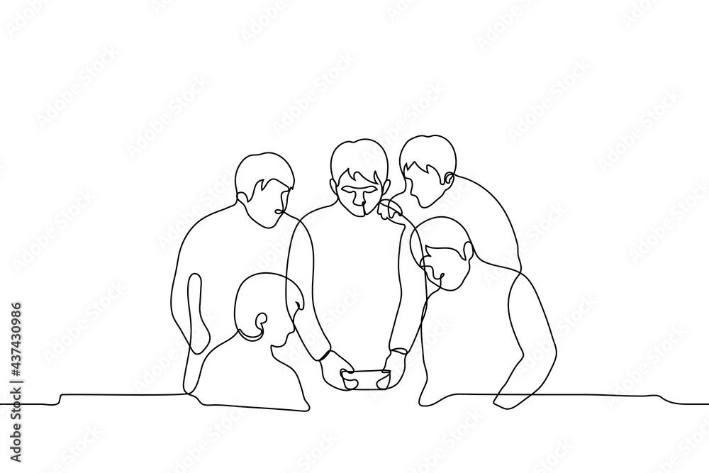 company of young people looks into the phone of the phone sitting in the center of a man - one line drawing. Concept of obsession with social networks, millennials and generation Z, technologies