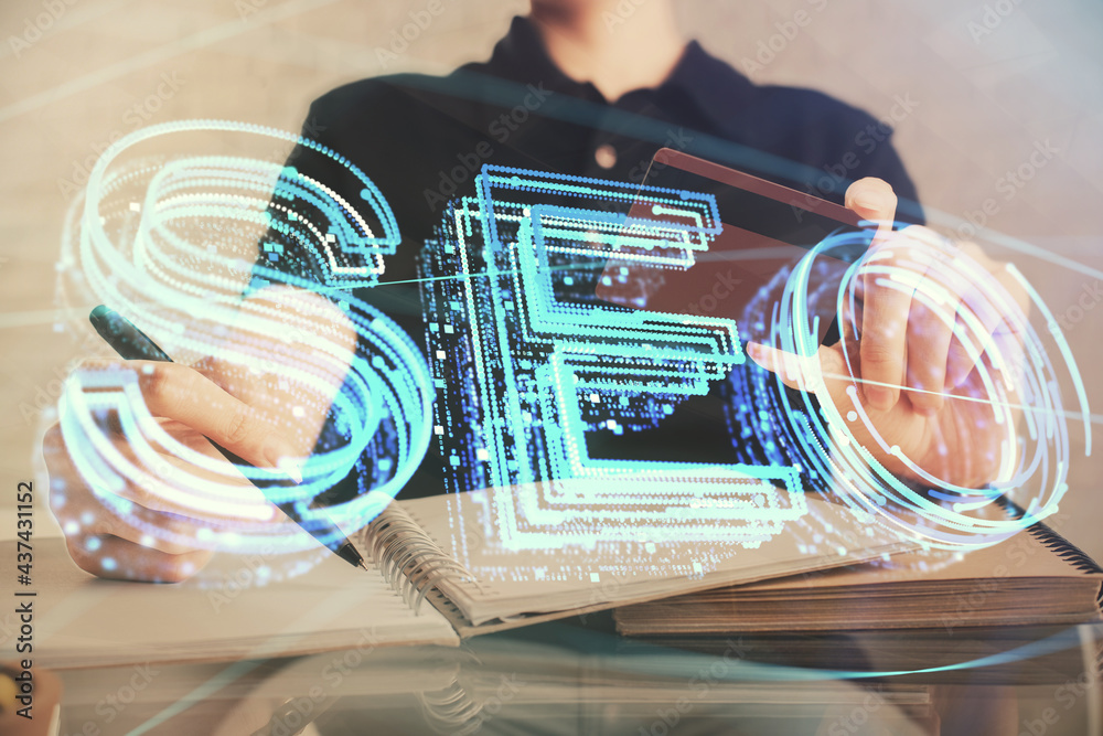 Double exposure of man hands holding a credit card and SEO drawing. Search engine optimization in Internet E-commerce concept. Double exposure of man hands holding a credit card and SEO drawing. Search engine optimization in Internet E-commerce concept.
