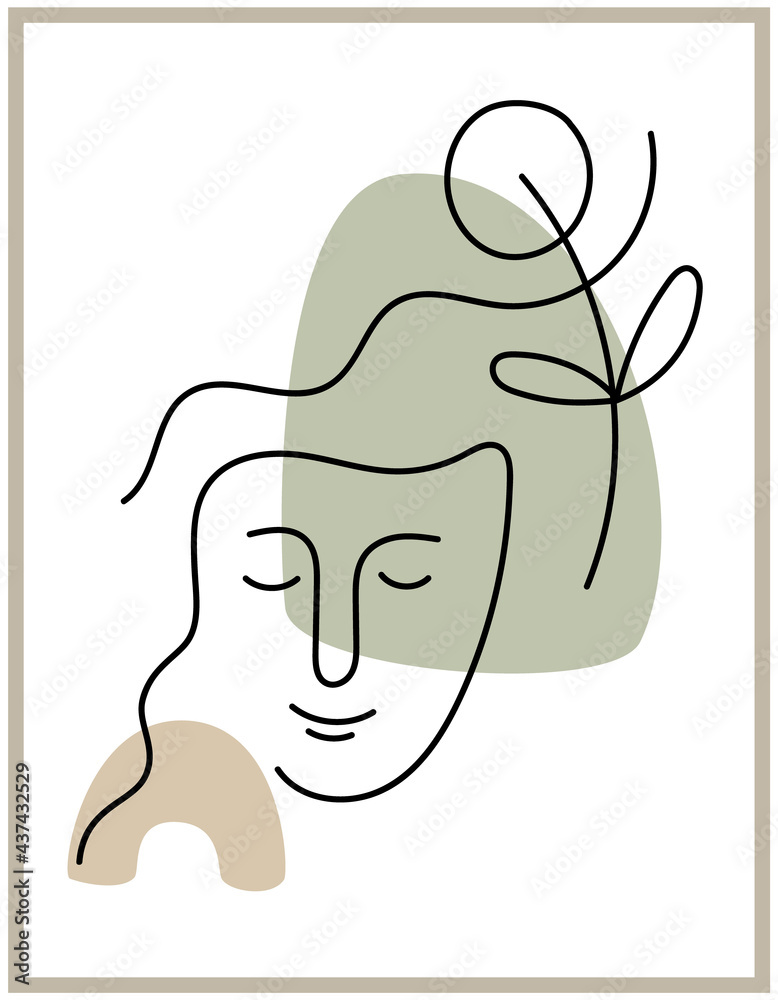 Vector line portrait of woman with wavy hair and a flower. Abstract simple face with colorful shapes and spots. Happy woman with closed eyes. The concept of tranquility and unity with nature. Isolated Vector line portrait of woman with wavy hair and a flower. Abstract simple face with colorful shapes and spots. Happy woman with closed eyes. The concept of tranquility and unity with nature. Isolated