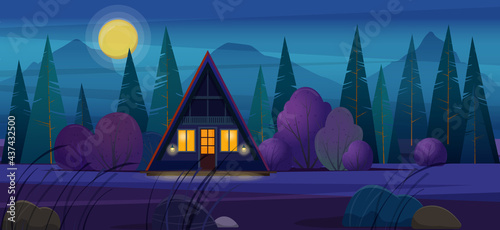 Night landscape with wooden timber frame house in the forest