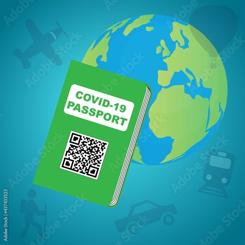 Covid 19 passport near the globe, safety travel concept