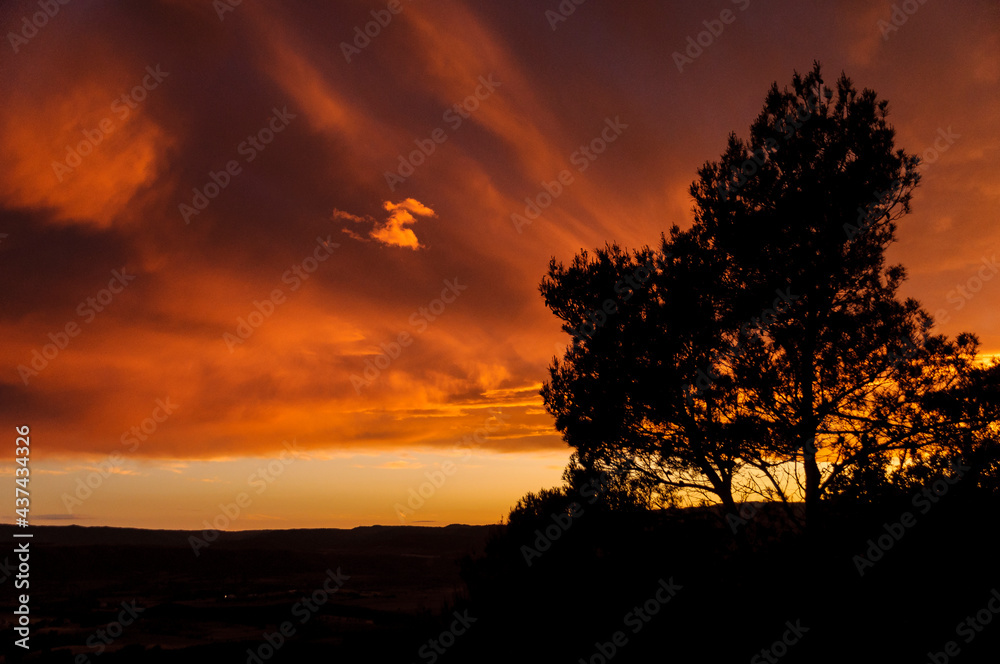 Red sky sunset seen from Castellnou de Bages (Barcelona province, Catalonia, Spain)