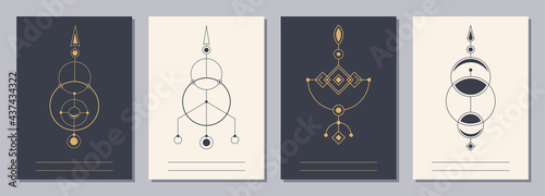 Set of flyers, posters, placards, brochure design templates A6 size with geometric icons. Symbols of magic, alchemy, spirituality, occultism. Vertical blanks with sacral geometric signs.