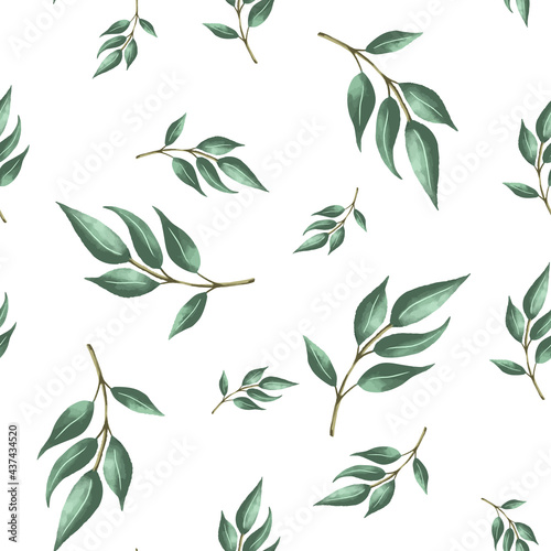 Seamless pattern with green leaves  vector illustration in vintage watercolor style.