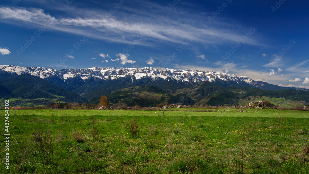 Serra del Cadí range seen from Lles de Cerdanya in spring (Cerdanya, Catalonia, Spain, Pyrenees)