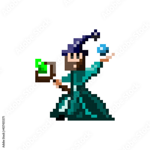 Evil wizard putting spell, cartoon pixel art character isolated on white background. Old school retro 80s,90s 8 bit video game graphics. Halloween mascot. Old bearded magician in blue hat and robe