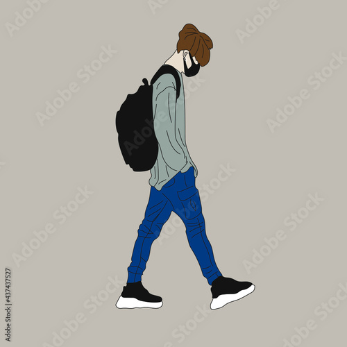 Vector illustration of Kpop street fashion. Street idols of Koreans. Kpop men's fashion idol. A guy in jeans and a gray sweatshirt with a backpack.