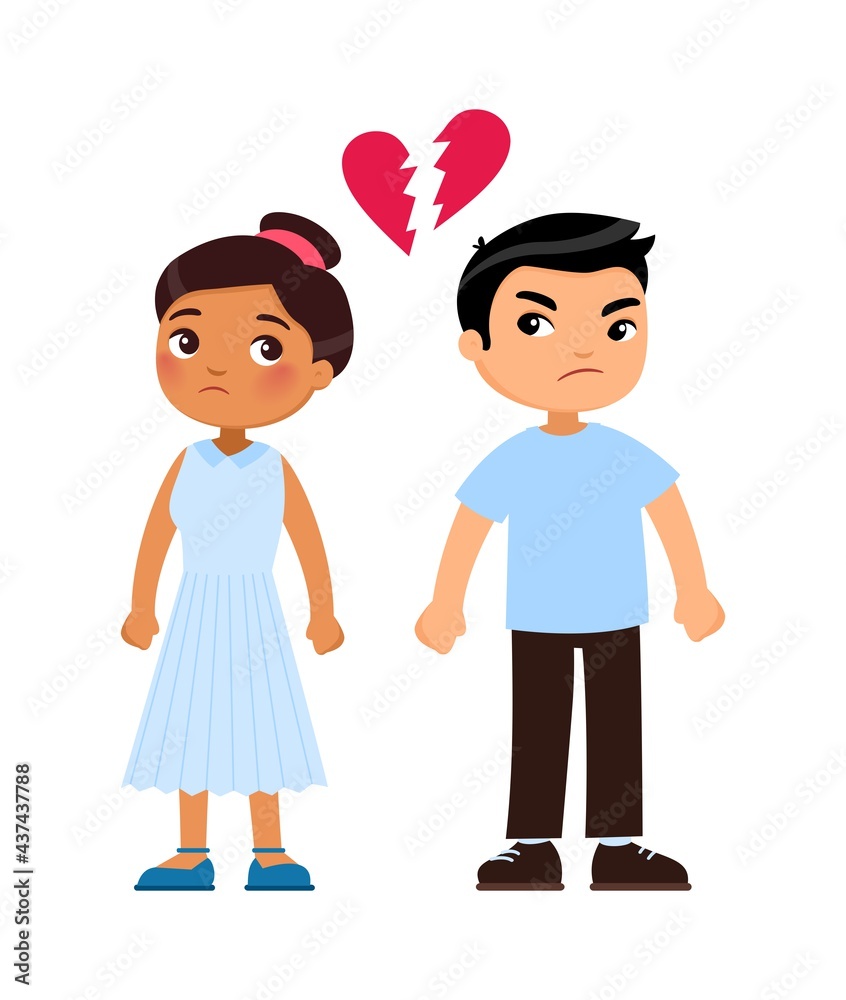 Divorce concept. Multiracial husband and wife. Dark skin wife and Asian husband quarreling - cartoon characters. Divorce concept. Multiracial husband and wife. Dark skin wife and Asian husband quarreling - cartoon characters.