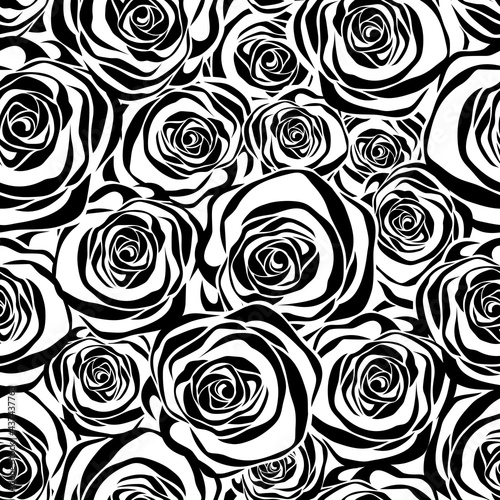 Vector black and white seamless pattern with roses silhouettes.