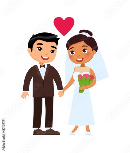 Multiracial husband and wife. International marriage concept. International marriage concept. Dark skin bride and Asian groom are cartoon characters.