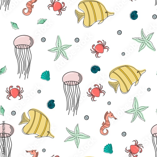 Seamless pattern with seashells, corals and starfish, fish, crab. Vector illustration.