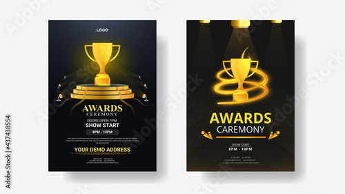 Golden award sign with modern glowing background, award ceremony flyer poster design