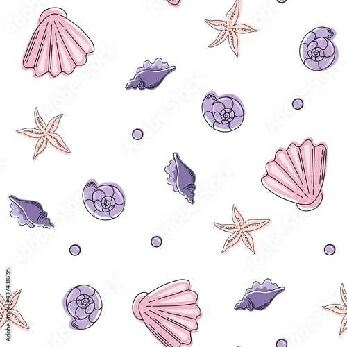Seamless pattern with seashells, corals and starfish, fish, crab. Vector illustration.