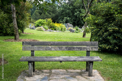 An empty wooden bench in the botanical park. An old wooden bench. Trees, flowers, plants. City park for rest.