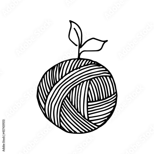vector illustration in doodle style. a ball of wool for knitting and plant leaves. symbol of sustainable materials, knitting, crocheting, handicrafts, hobbies and needlework. minimalistic eco logo