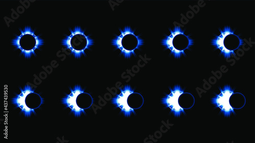 Set Collection Phases Of A Solar And Lunar Eclipse On Dark Background Sun