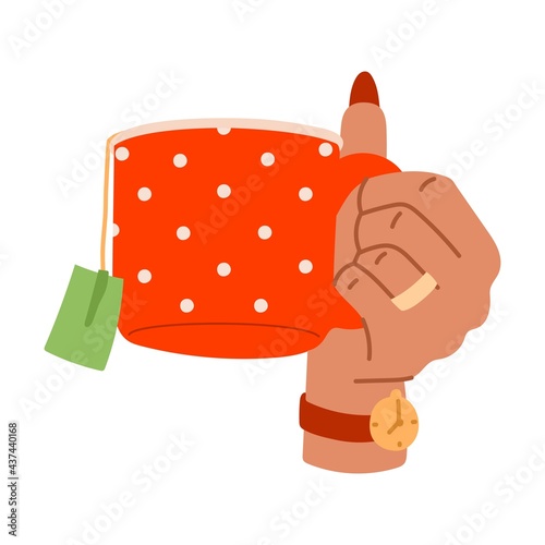 Woman hands with black or green tea cup, hot drinks and beverage. Female hand holding red cup with polka dots. Flat vector cartoon illustration in doodle style.