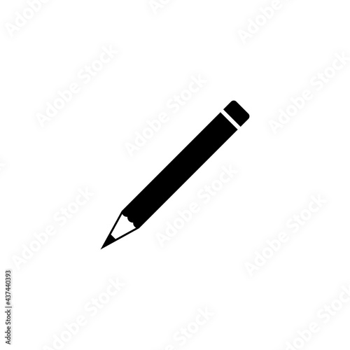 Wooden pencil icon with rubber eraser. Theme for stationery and office supplies. Black silhouette. Vector illustration оn blank white background.