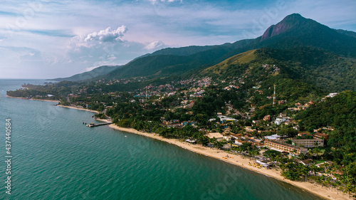 Tropical Island Landscape Beach Sun Sand Waves Water Horizon Nature Trees Green Blue Islander Drone Aerial Ilhabela Brazil