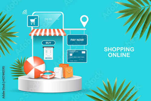 Online shopping template via smartphone application,summer vacation themed illustrations for promotion on shopping web platform,summer sale concept design