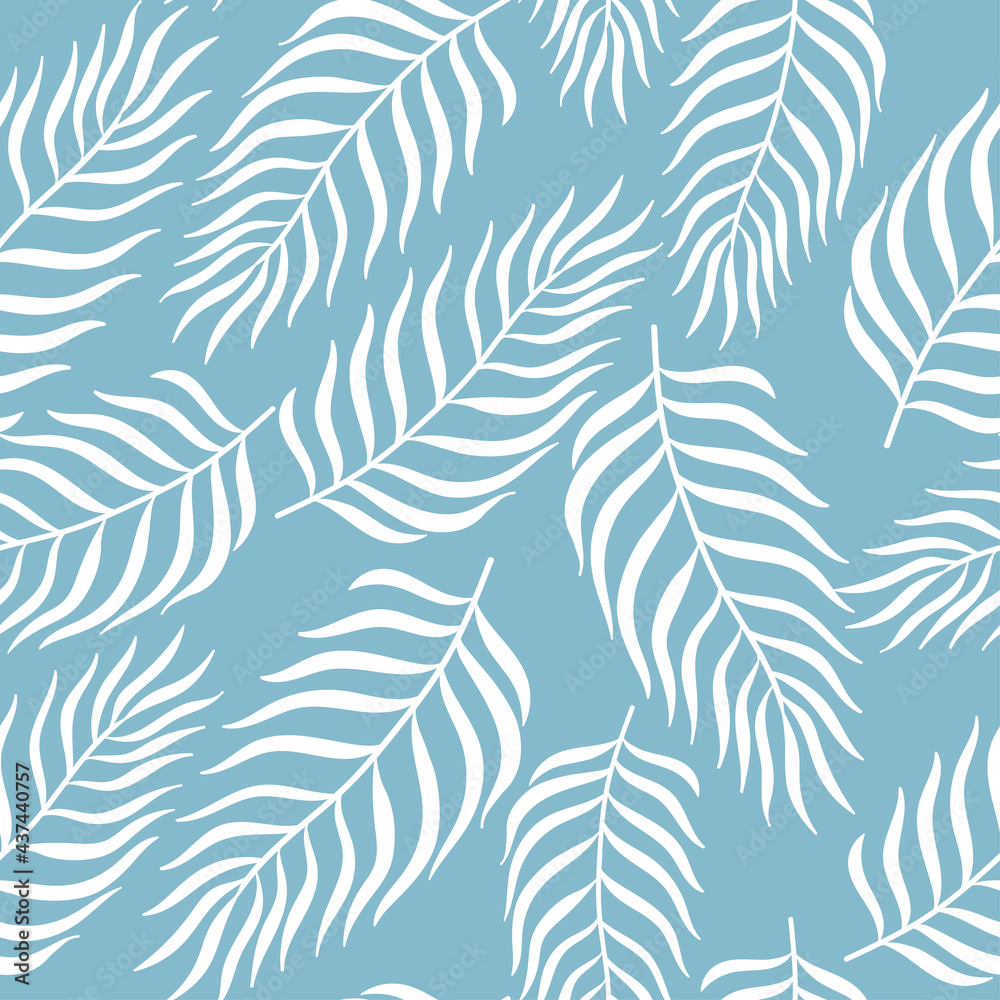 Tropical palm leaves seamless pattern. White plants on blue background Tropical palm leaves seamless pattern. White plants on blue background