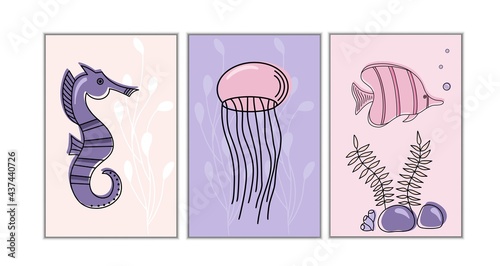 Colorful vector hand drawn doodle cartoon set of marine life theme elements. Symbols of sea animals
