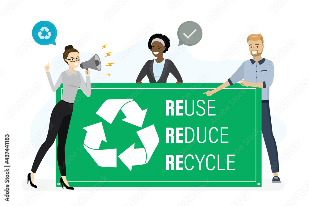 Multiethnic people holds motivational banner. Recycling symbol, slogan ...