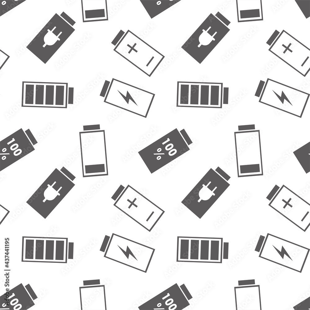 Seamless pattern with different battery pictograms. Part of the mobile interface, charge icon. Empty and full battery. Monochrome texture, decor element.