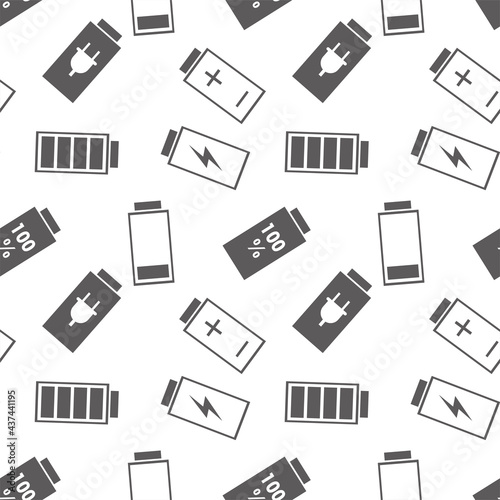 Seamless pattern with different battery pictograms. Part of the mobile interface, charge icon. Empty and full battery. Monochrome texture, decor element.