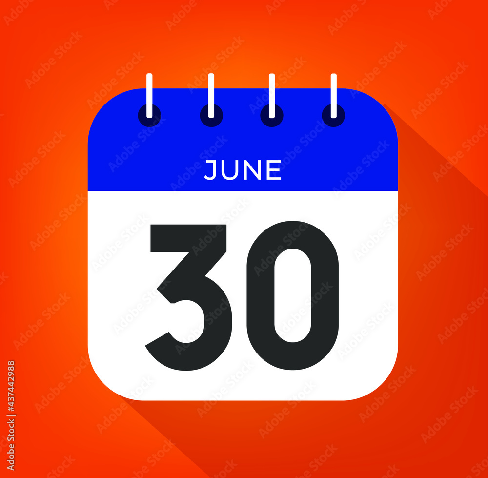 June day 30. Number thirty on a white paper with blue color border on a orange background vector.