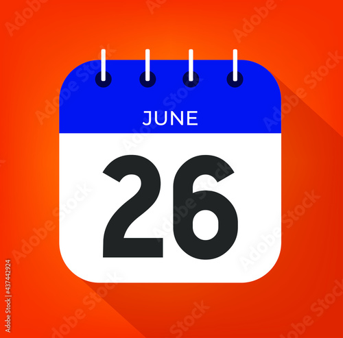 June day 26. Number twenty-six on a white paper with blue color border on a orange background vector.