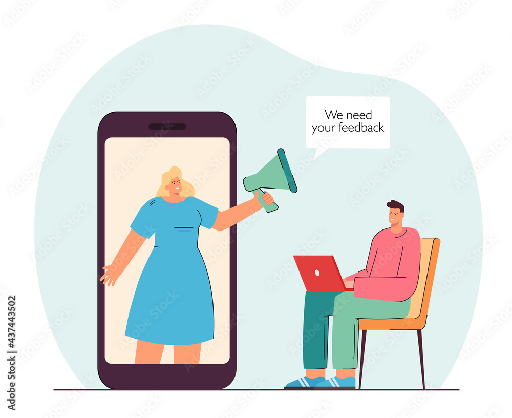 Girl with megaphone on phone screen inducting man give feedback. Male person sitting with laptop flat vector illustration. Opinion, reaction concept for banner, website design or landing web page.