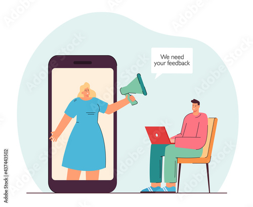 Girl with megaphone on phone screen inducting man give feedback. Male person sitting with laptop flat vector illustration. Opinion, reaction concept for banner, website design or landing web page.