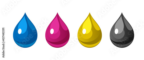 Vector set of ink drops of cyan, magenta, yellow, black color. CMYK color model in the form of drops