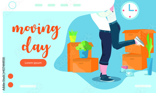 Happy couple moving to a new flat or house, landing page template with boxes, paint buckets and plants. High quality illustration