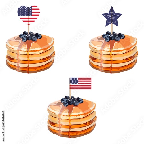 USA Independence Day, 4th of July.Pancakes with blueberry and honey, American Flag, star, decorative heart. Set for poster, card, flyer, greeting. Vector illustration isolated on white background.